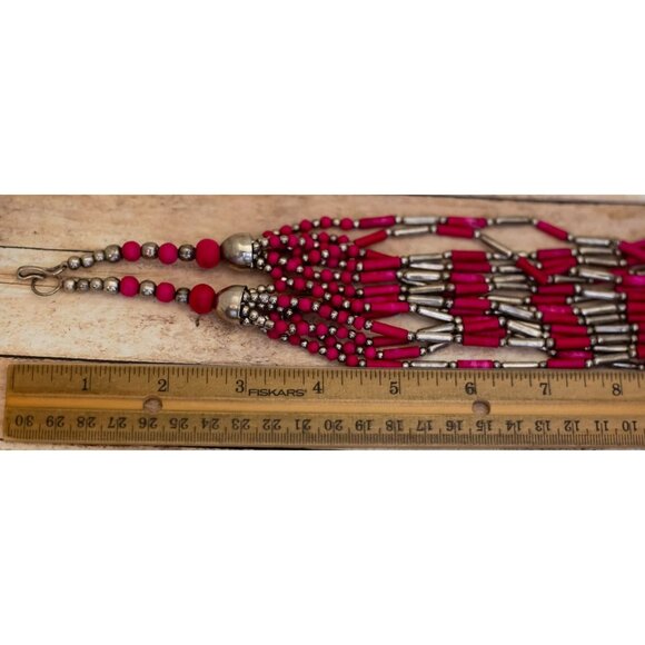 25 inch, Vintage Fuchsia Beads Silver Tone Multi-Strand Necklace - X26 - Picture 3 of 3